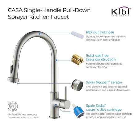 Kibi Casa Single Handle Pull Down Kitchen Sink Faucet with Soap Dispenser C-KKF2002BN-KSD100BN